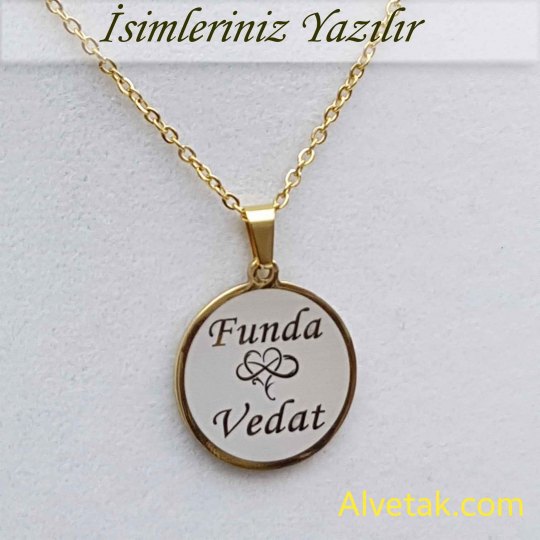 Sarı Gold İki İsimli Kalp ve Sonsuzluklu Çelik Kolye [Yuvarlak Model : 25mm]