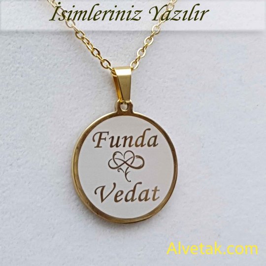 Sarı Gold İki İsimli Kalp ve Sonsuzluklu Çelik Kolye [Yuvarlak Model : 25mm]