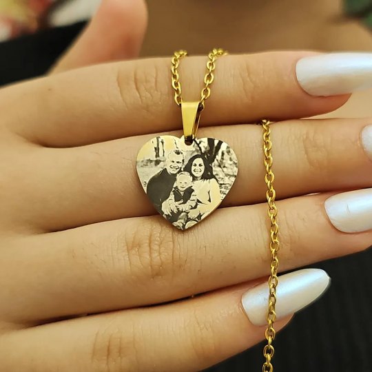 Resimli Kolye, Gold Renk, ,Resimli Kalp Kolye, Paslanmaz Çelik, Çelik Kolye