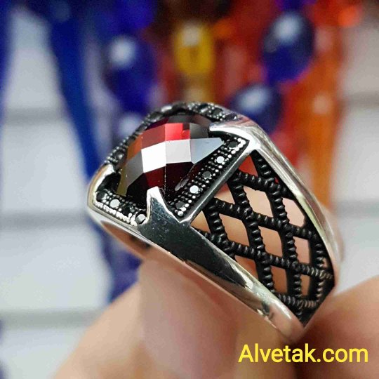 kırmızı zirkon taşlı 925 ayar gümüş erkek yüzük : 01374