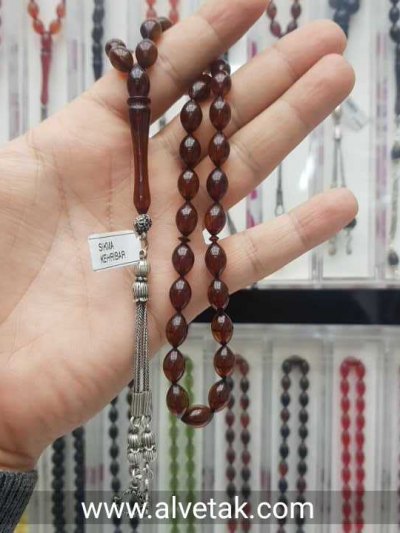 Gümüş Püsküllü Kırmızı Renk Sıkma Kehribar Tesbih : 12067