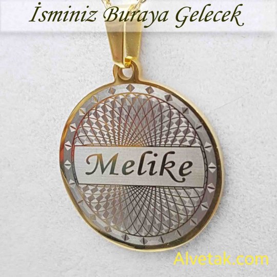 Sarı Gold Helezon Figürlü İsimli Çelik Kolye [Yuvarlak Model : 25mm]