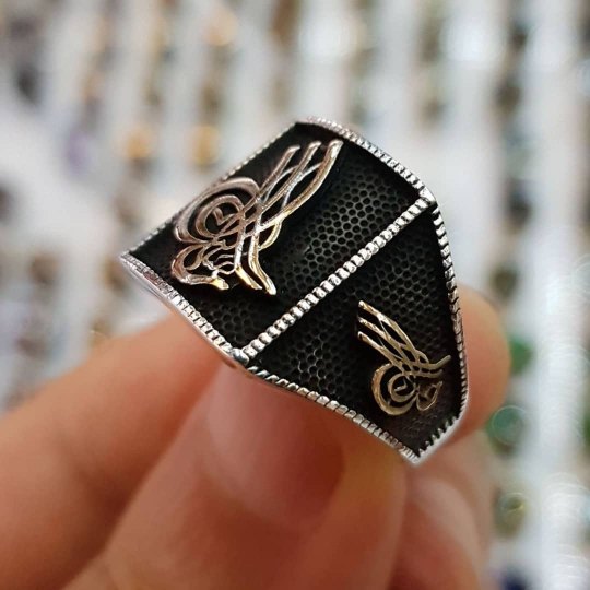 925 Ayar Tuğralı Dörtgen Gümüş Erkek Yüzük : 00476