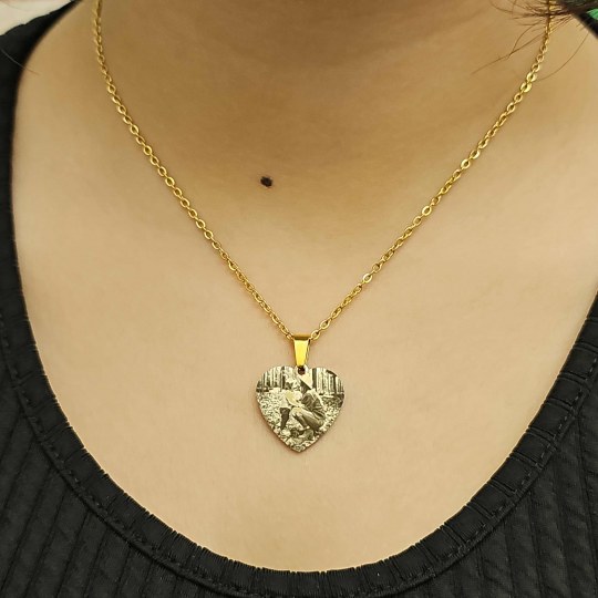 Resimli Kolye, Gold Renk, Resimli Kalp Kolye, Paslanmaz Çelik, Çelik Kolye