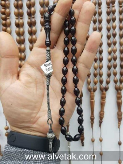 Siyah Renkli 1000 Ayar Gümüş Kazaz Püsküllü Ateş Sıkma Kehribar Tesbih : 12137