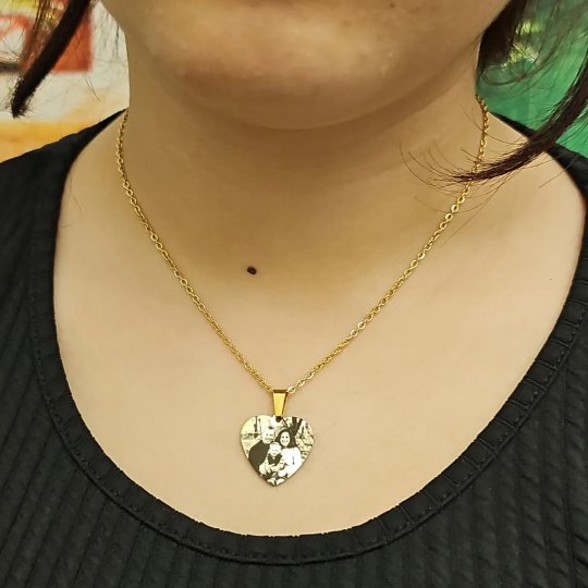 Resimli Kolye, Gold Renk, ,Resimli Kalp Kolye, Paslanmaz Çelik, Çelik Kolye