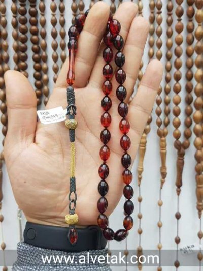 Kırmızı Renkli 1000 Ayar Gümüş Kazaz Püsküllü Sıkma Kehribar Tesbih : 12144